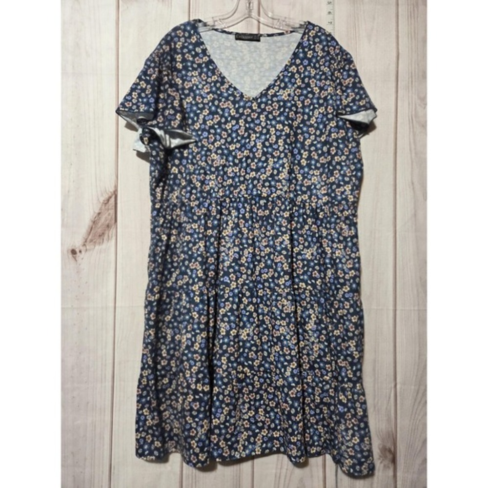 Celkuser Dress Womens 22‎ Plus Blue Floral V Neck Short Sleeve Pockets Midi